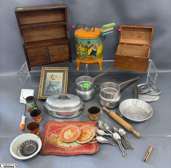 Three Little Pigs Tin Toy Washer, Aluminum Miniatures, Small Wooden Cupboard, - 8" x 10" of cupboard image