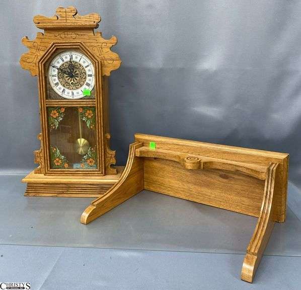 1976 Pecan Wood Clock and Wall Shelf - 12" x 22" of clock - See note image