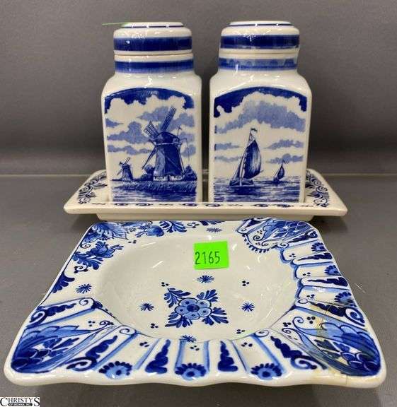 Delft Handpainted Small Canisters, Tray, Ashtray - 5.5" of canister, 4pcs image