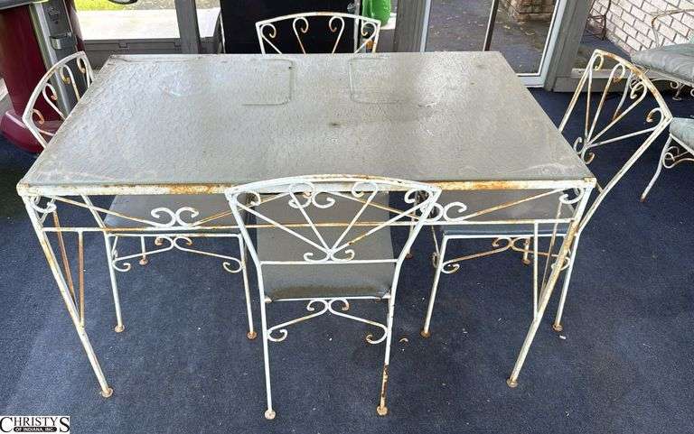 Painted Iron Table and 4 Chairs Table 48x28x30 Glass is Damaged image