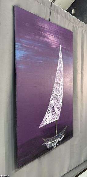 Samuel Tinoco Midnight Sailing, Purple Background Acrylic Painting On Canvas 35x56"