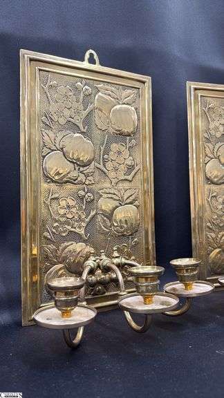 2, Brass Late Victorian Aesthetic Movement, Bruce Talbert Style, Embossed With Apples And Blossom, Three Arm Candle Sconces 8x14"