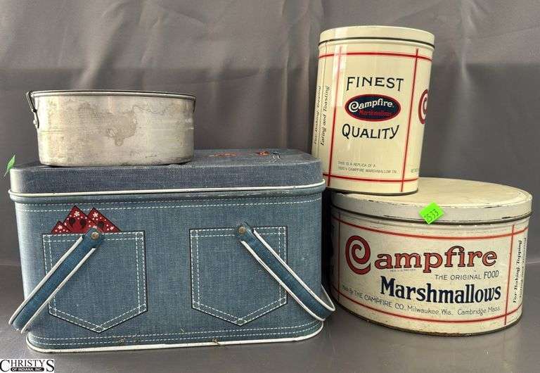 Empty Tins, Campfire Marshmallows, Lunch Box, Denim Picnic Style Largest 13x10x8" image