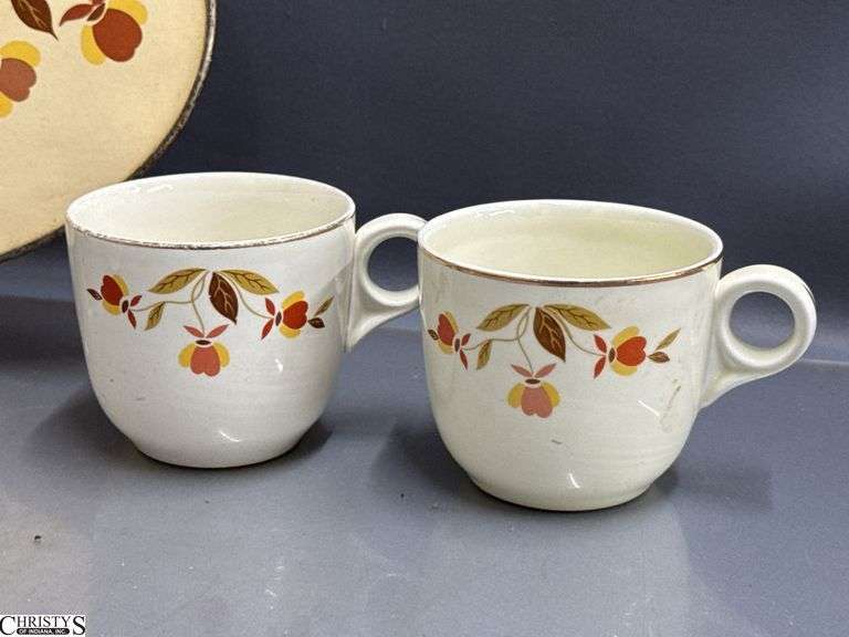 Halls Jewel Tea Saucers, Gravy Boat, Trivet, Teacups - 11" of trivet