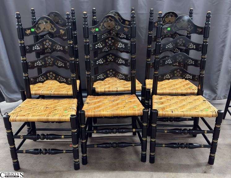 6 Stenciled Ladder Back Cane Seat Chairs - 45" T, 18" seat of each - finish wear, paint loss throughout, damage to cane, see photos image