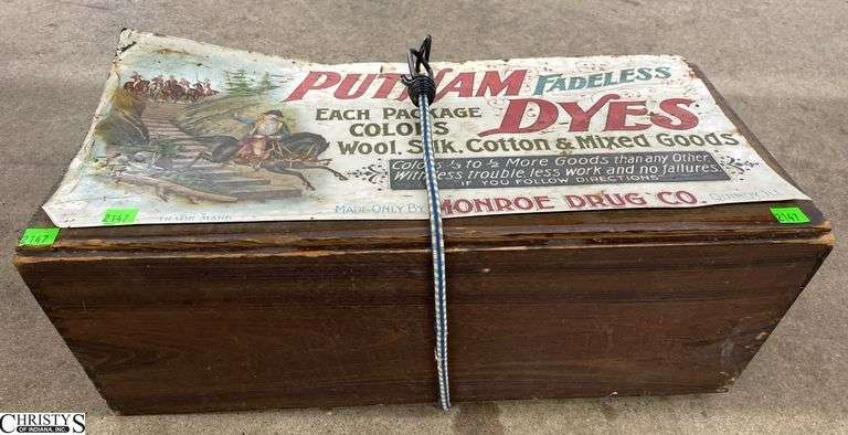 Putnam Fadeless Dyes Metal Advertising Sign and Wooden Box - 21" x 10" x 8" of box, some wear image