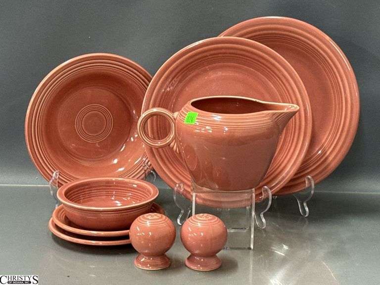 9pcs Fiesta Rose Dish Pieces - 2 Pint Pitcher, Salt and Pepper, Plates, Bowls - 10.5" of largest plate image