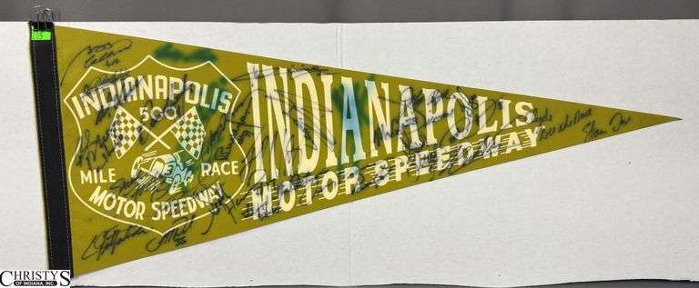 2 Indianapolis Motor Speedway Autographed Pennants.  Signatures include Mark Dismore, Scott Herrington, Lloyd Ruby, Jim Rathmann and Others.