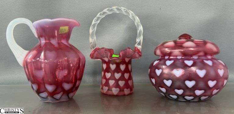 3 Fenton Opalescent Cranberry Heart Motif Glass Pieces - Small Pitcher, Basket, Powder Jar - 6.5" of tallest image