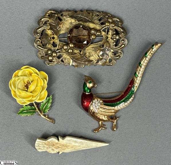 4 Pins.  The Yellow Flower Pin is Marked Trifari image