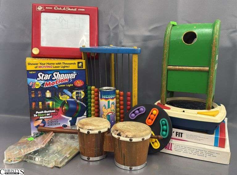 Playscool Vintage Toys, Star Shower Motion Display, Mini Drums, Etch a Sketch, Wooden Block Mailbox image
