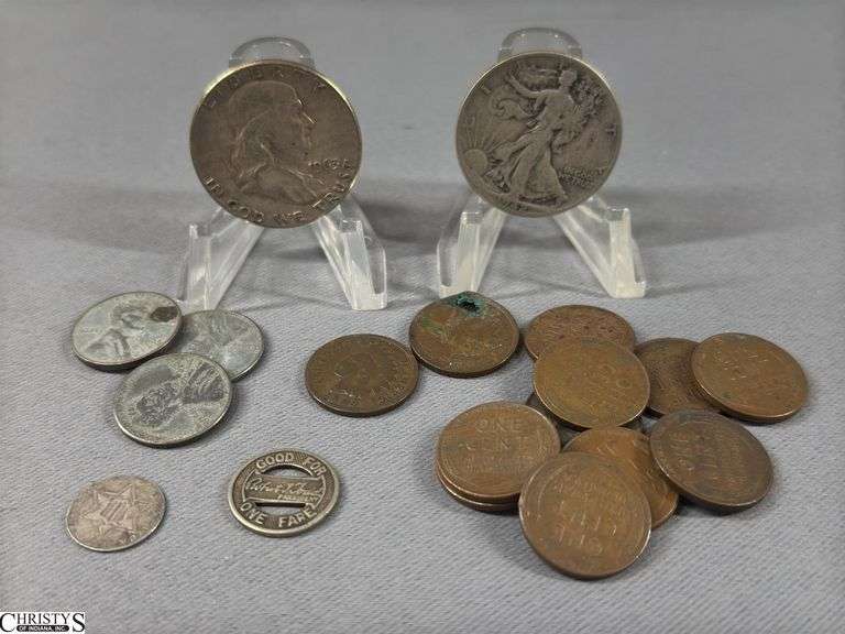1858 Three Cent Silver Piece, 2 Indian Head Pennies (1889 and 1902 Holed), 1942 Walking Liberty Half Dollar, 1963 Franklin Half Dollar, 3 Steel Pennies 1943, 10 Wheat Pennies and a "Good For One Fare" Token image