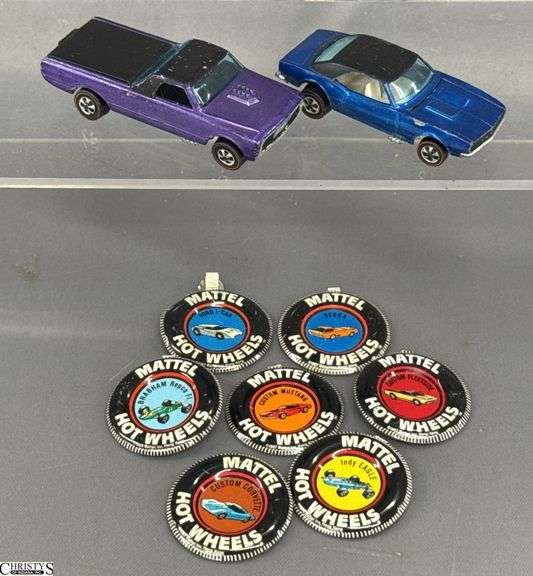 2 Hot Wheels Red Line Cars and 7 Buttons - Shows Wear - 3" of largest image