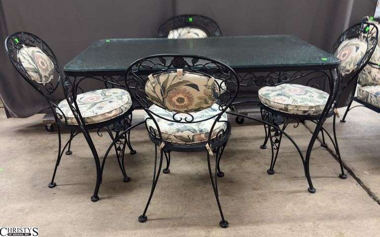 Woodard "Chantilly Rose" Wrought Iron Glass Top Patio Table and 4 Chairs - 31" x 50" x 29" of table image