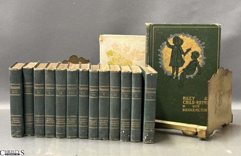 Antique Book Volumes - Riley Child Rhymes, Shakspeare, Immortality of the Soul - Earliest date 1905 - w/ Brass Book Stand image