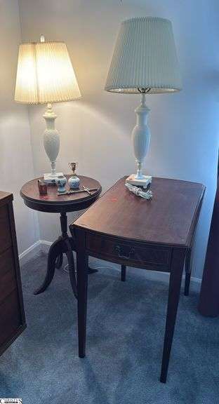 2 tables, largest 17x27x26, drops are 9” Pair of Lamps Vases Cup image