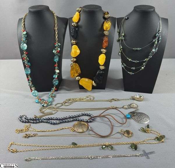11 Necklaces.  One Pendant is marked Reed & Barton Damascene image