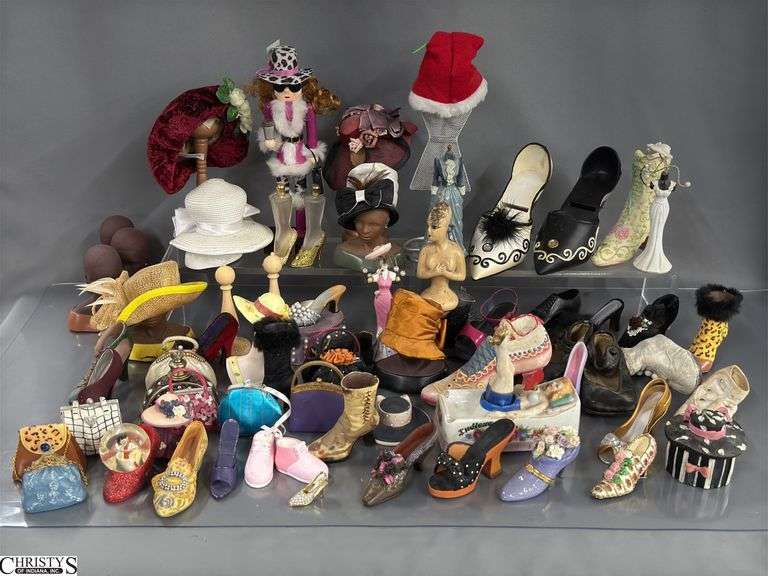 Mini Hats, Shoes, Hat Holders, Naughty Nodder Girl Ashtray, Ladies Dress and Purse Collectibles image