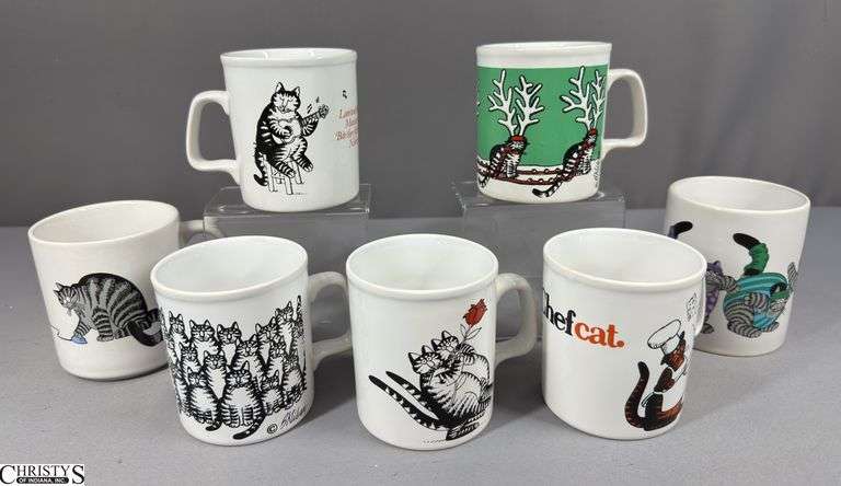 5 Kiln Craft Made in England Cat Mugs.  Chef Cat,  "Love to eat them mousies." , Cat Mob, Christmas Reindeer Mug and Dancing Cats Tango Mug.  Staffordshire Potteries.  Also included are 2 Gift Creations Caty Mugs image