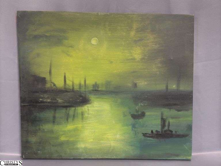 3 Mixed Media and Oil on Canvas by Alummoa Zumigo, Moonlit Canals, Hues of Green and Gray 27x22"