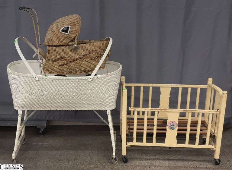 Vintage Childs Doll Play Crib, Buggy, Baby Bassinet - Shows wear, finish loss - 34" x 29" of  bassinet image