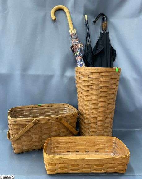 4 Longaberger Basket Umbrella Stand and Baskets, Assorted Umbrellas - 18" of umbrella stand image