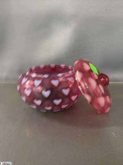 3 Fenton Opalescent Cranberry Heart Motif Glass Pieces - Small Pitcher, Basket, Powder Jar - 6.5" of tallest