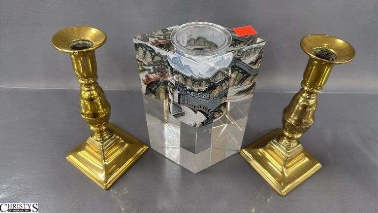 Antique Push Up Style Brass Candle Stick Pair, and Great Wall Tourist Collectible 7"