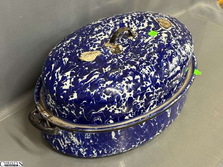 Blue and White Swirl Enamelware Roaster - Some wear, chipping - 18"