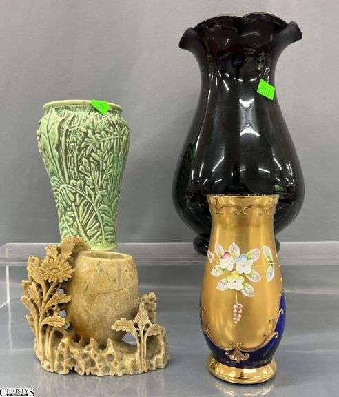 Weller Vase, Cobalt Blue and Gold Vase, Soap Stone Vessel Has Damage, Garnet Vase Tallest 10" image