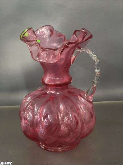 Fenton Cranberry Glass Optic Spiral Swirl Pitcher and Small Cranberry Ruffled Edge Pitcher - 8" of tallest
