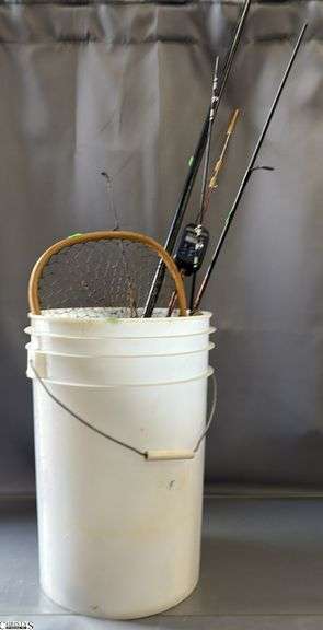 2 Fishing Poles, Wood Frame Net, Bucket - Cabelas and Others image