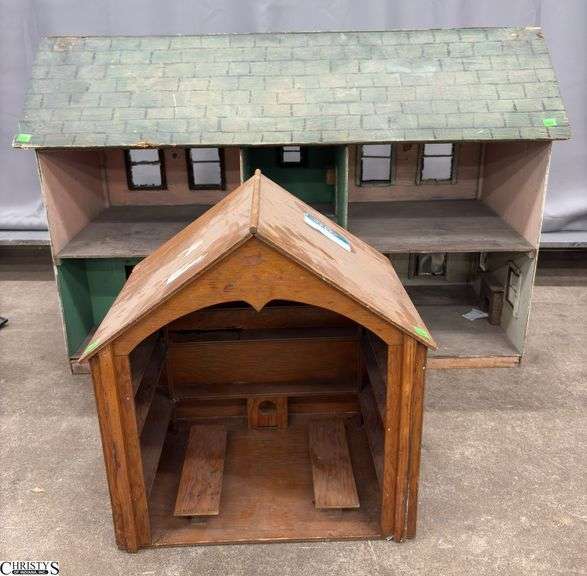 2 Wooden Doll Play Houses - 41" x 27 of largest, some wear, chipping image