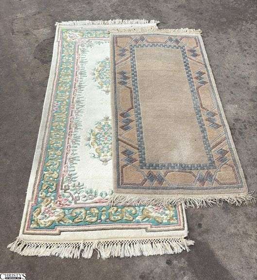2 Vintage Asian Influence Area Rugs - Wear and staining present largest 33x72 image