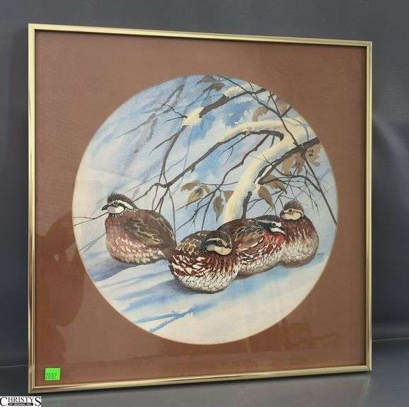 Signed Quail in Winter Watercolor - 20" x 20" - appears signed Noreen image