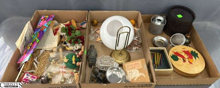 Tourist Trinkets, Metal Flower Frogs (Very Small) Straw Dolls, Bobeches, Globe, Strainer, Trays image