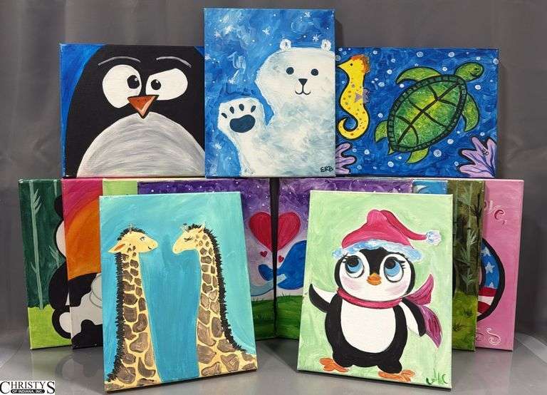 14 Painting Party Canvases, Animals, Giraffe, Panda, Turtle, Kissing Elephant Set, Frogs, Each Measures 11x14"