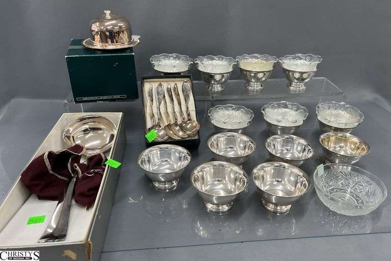 Silver Plate Sherbet Bowls, Clear Bowls, Spoons, Ladle image