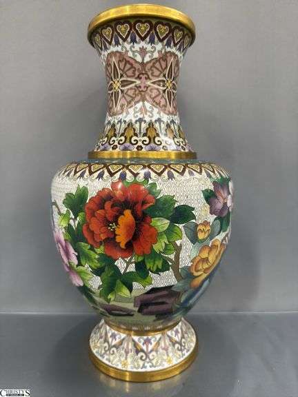 Oriental Brass Cloisonne Style Vase 15.5" Tall, Small Dent On Side