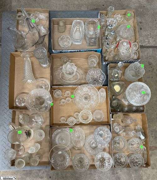 SKID of Clear Glass, Compotes, Vases, Creamers, Mini Tea Cups, Salt and Peppers, Cake Stand, Baskets Tallest 12.5", SKID is Not Included image
