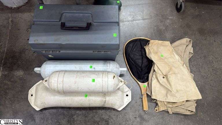 Plano Tackle Box and Contents - Hand Tools, 2 Fishing Vests, Fishing Net, 3 Bumper Buoys - 24" of net image
