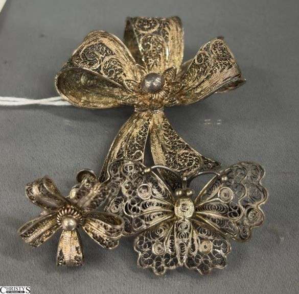 Sterling Silver Bow and Butterfly Motif Brooches and Single Earring - 2" of largest brooch