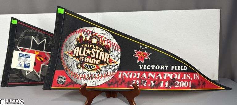 2000 & 2001 Baseball Pennants.  2000 Triple-A Indianapolis Indians World Series Champions and 2001 Autographed Victory Field Indianapolis, IN July 11, 2001. image