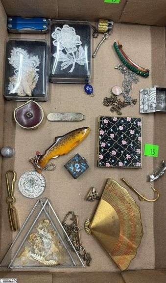 Vintage Compacts, Pill Box, Misc Costume Jewelry, Lace Pieces, Trinkets - 4.5" of largest compact