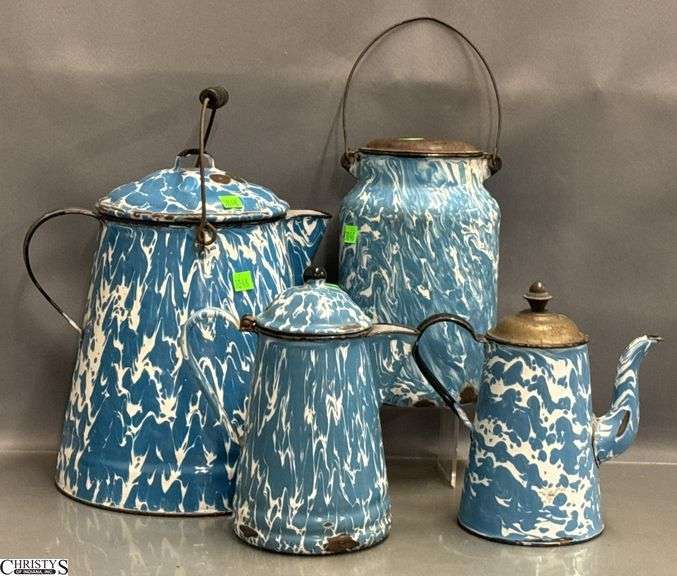 4 Blue and White Enamel Swirl Large Coffee Pot, Milk Jug, 2 Coffee Pots - Some wear/chipping - 12" of tallest image
