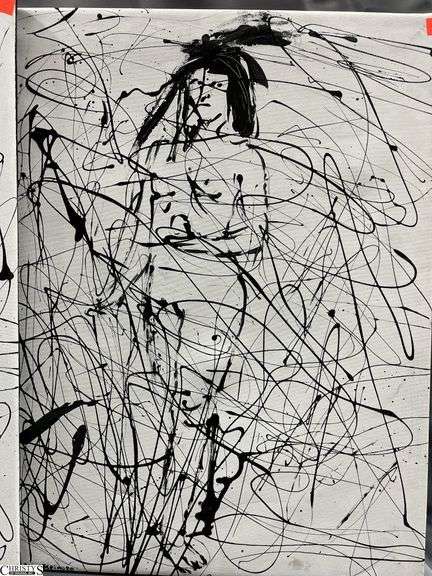 2 Luis Espinoza Black Acrylic Painting on White Canvases Figure #10 & 11, Man and Woman 22x26.5"
