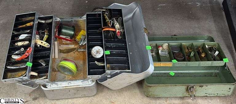 2 Metal Tackle Boxes and Contents, Lures, Weights, Line, Misc image