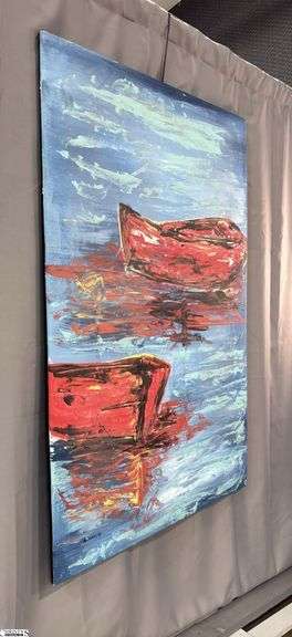 Antonio Garcia Red Boats, Impressionistic Acrylic Painting On Canvas 35x56"