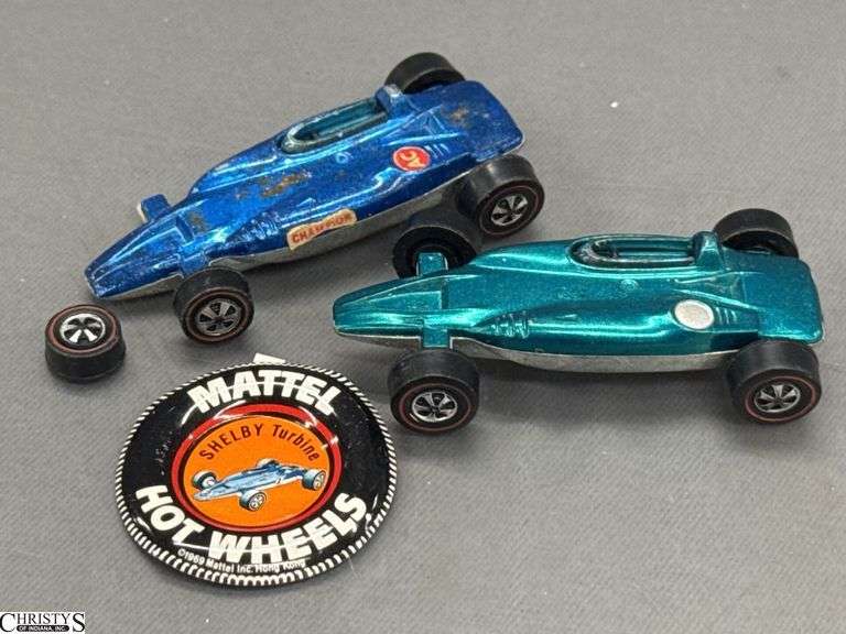 2 Hot Wheels Red Line Shelby Turbine and 1 Button - Shows Wear, 1 Missing Wheel - 3"