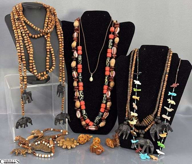 Safari Style Wood Beaded Costume Necklaces and Jewelry Pieces - One is damaged - 60" of longest wrap necklace